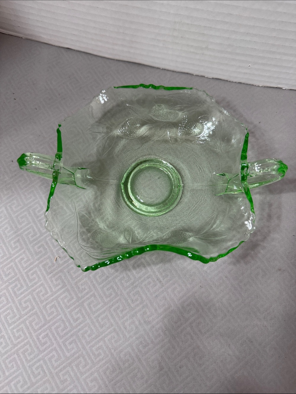 Vintage Green Depression Glass Bon Bon Dish Strawberry Pattern Uranium Glow MCM
